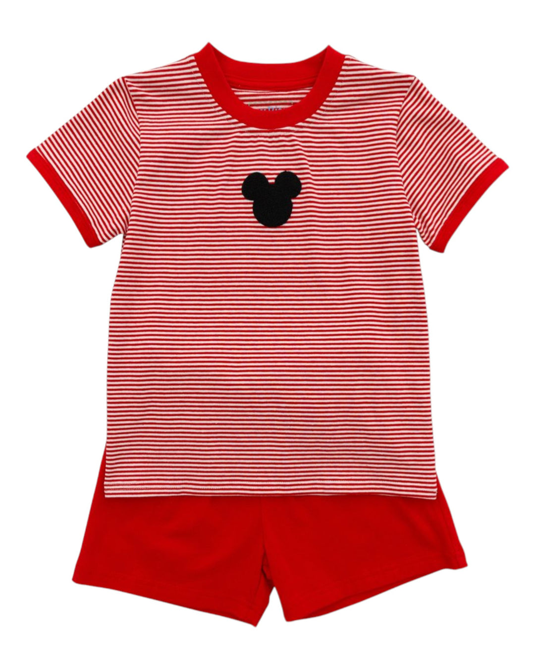 Red and white striped shirt with black mouse head logo and red shorts on a white background