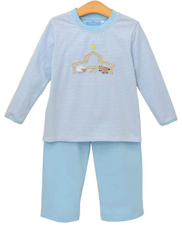 Children's blue striped outfit with animal design on a white background