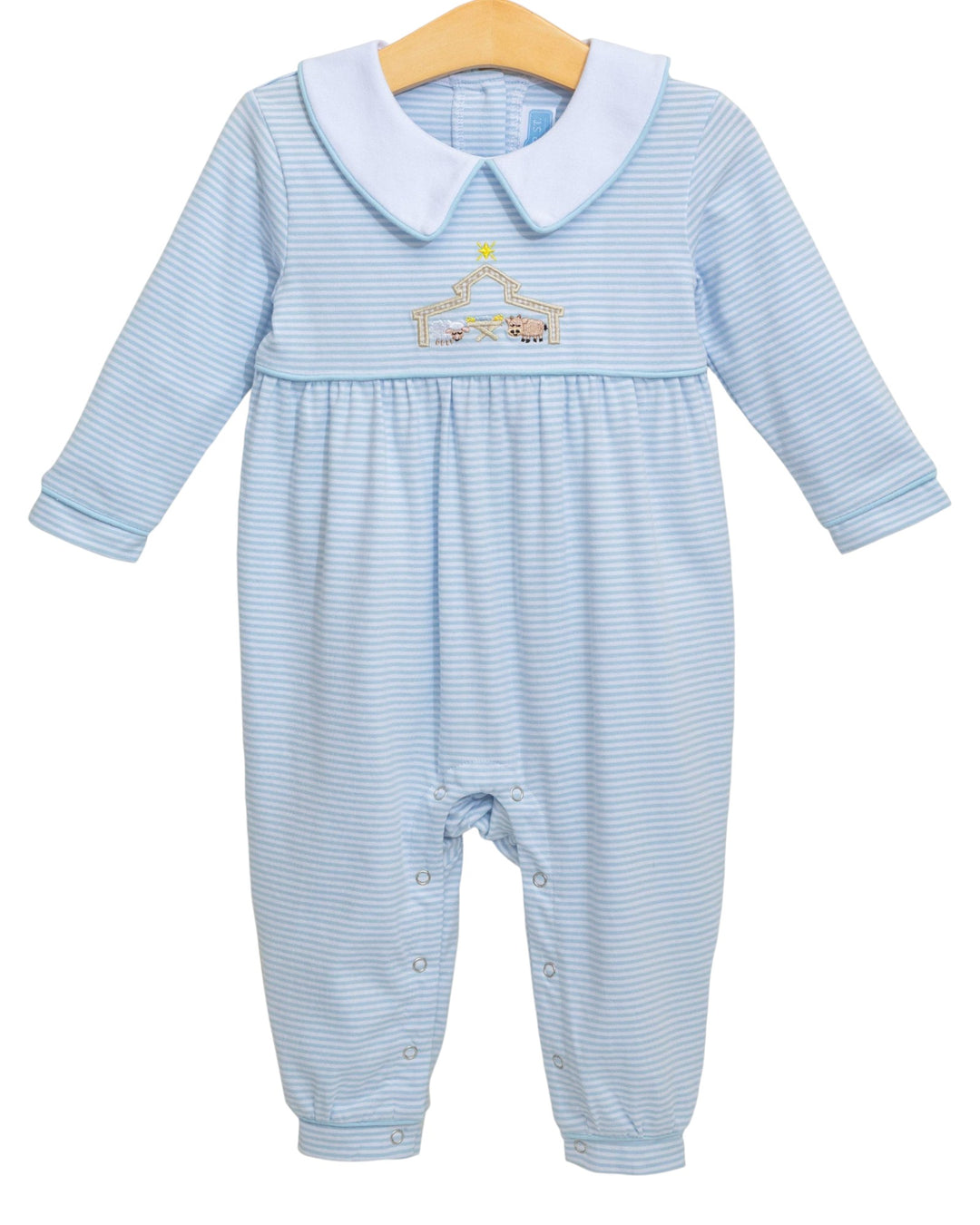 Blue striped baby romper with white collar on a wooden hanger against a white background