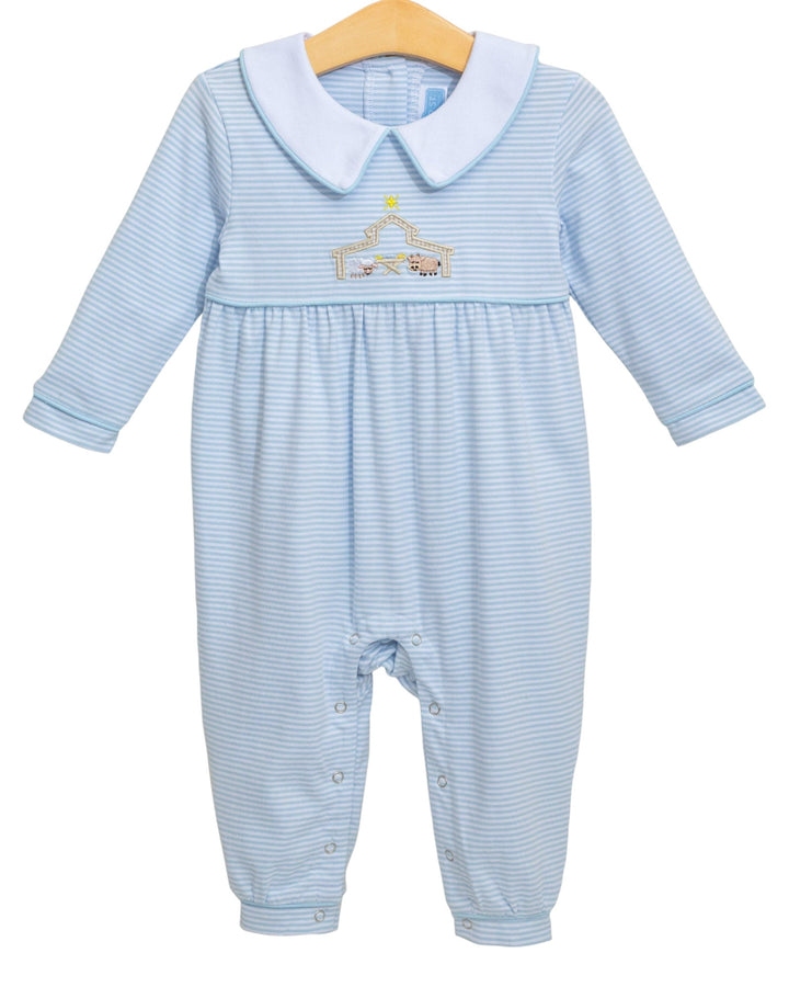 Blue striped baby romper with white collar on a wooden hanger against a white background