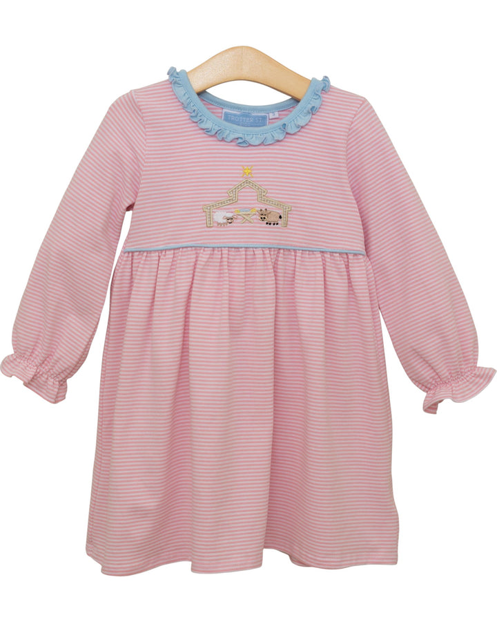 Pink striped dress with blue trim on a hanger against a white background