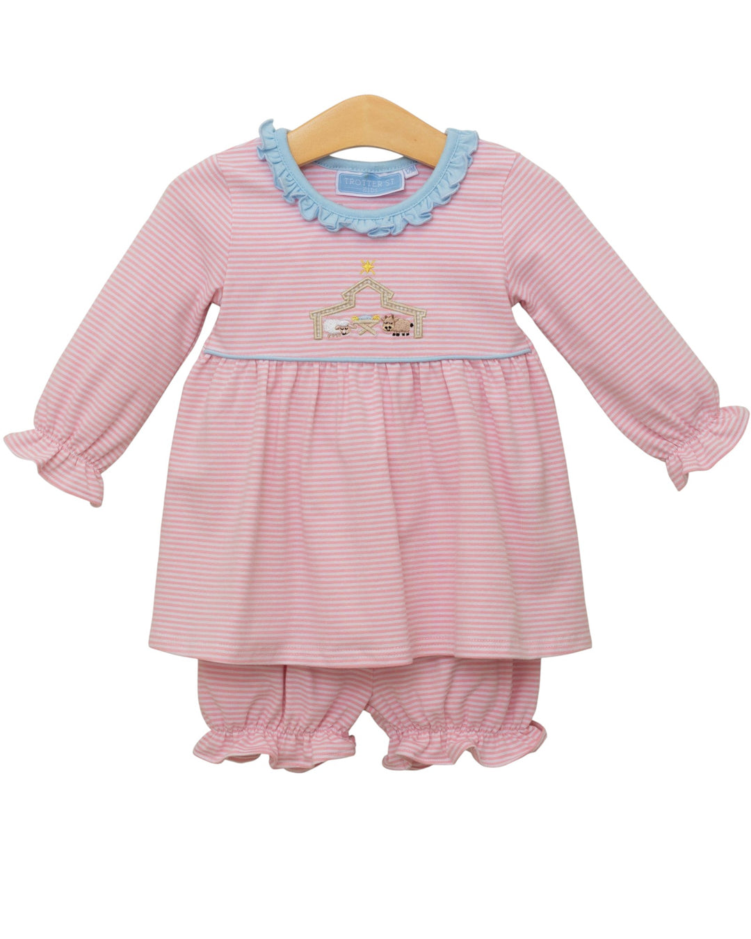 Pink striped baby dress with blue collar and matching bloomers on a white background