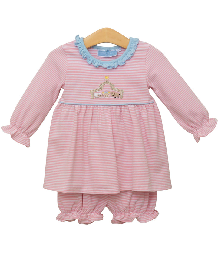 Pink striped baby dress with blue collar and matching bloomers on a white background