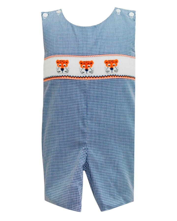 Blue checkered overalls with tiger design on a white background