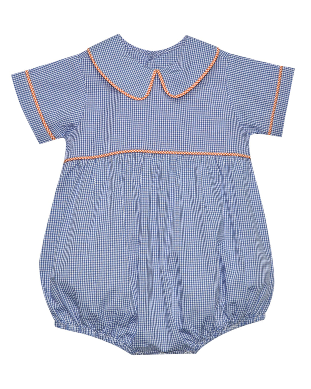 Blue checkered baby romper with orange trim on a white background