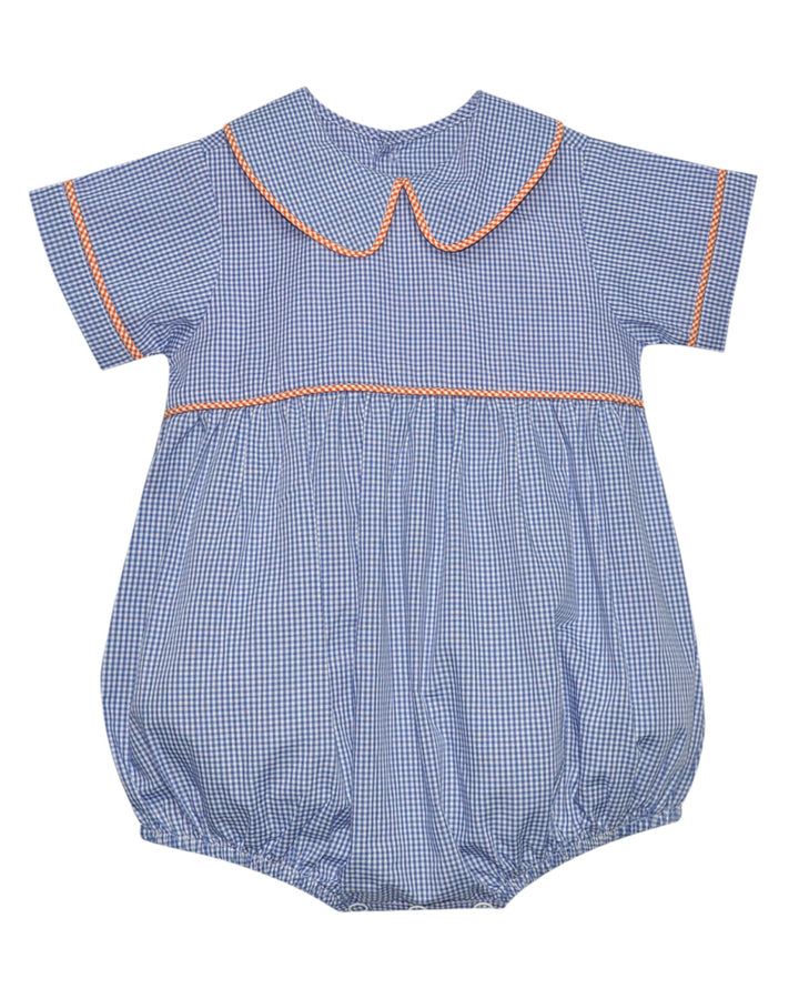Blue checkered baby romper with orange trim on a white background