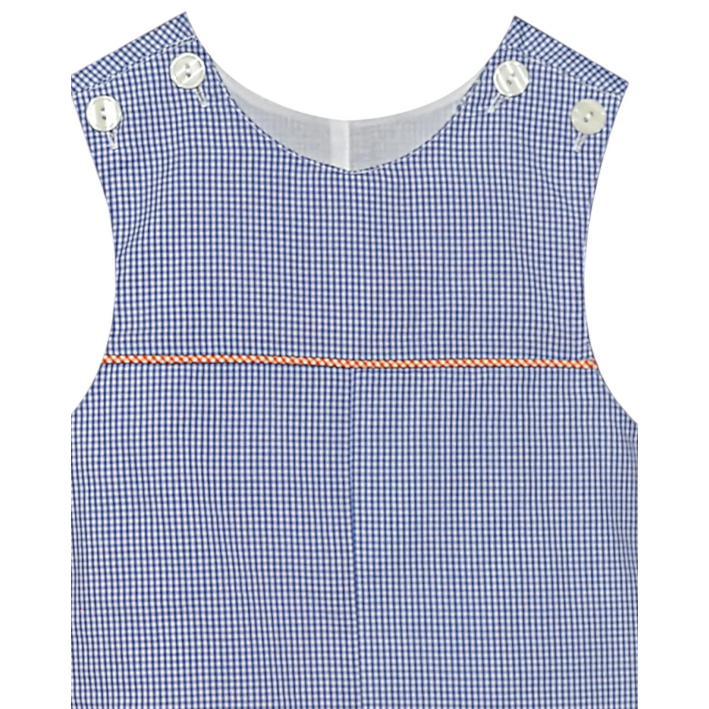 Blue checkered dress with white buttons on a white background