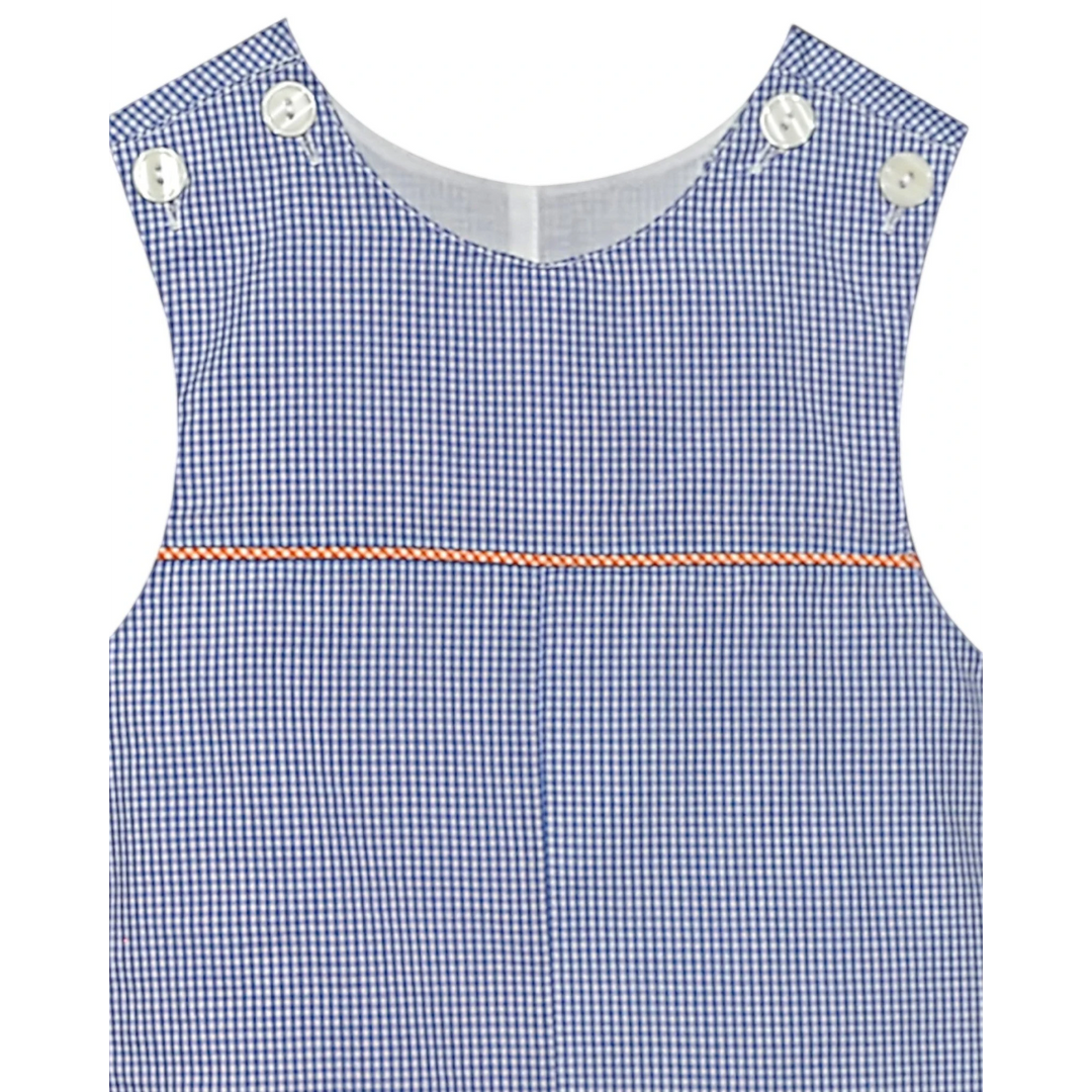 Blue checkered dress with white buttons on a white background