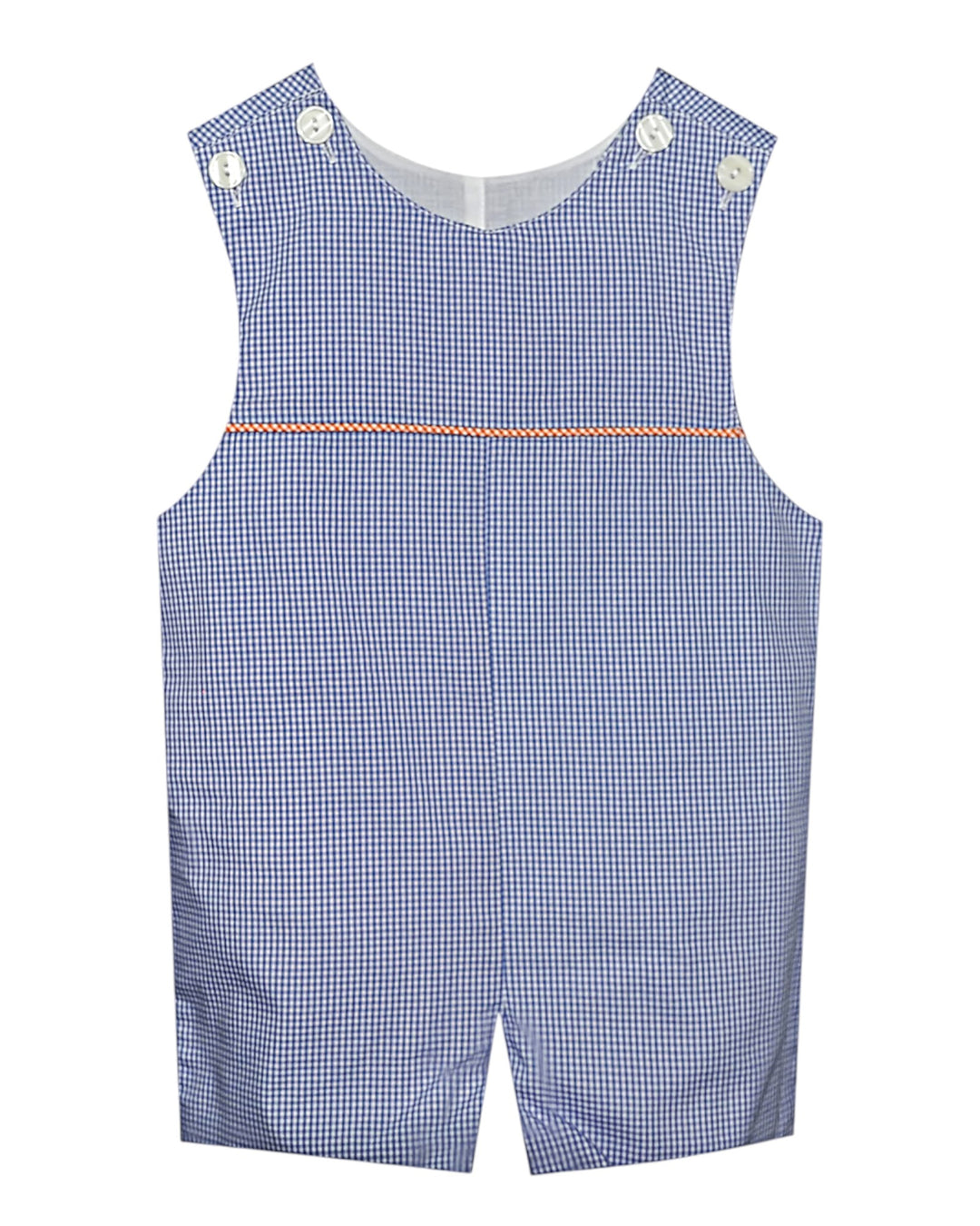 Blue checkered romper with white buttons on a white background