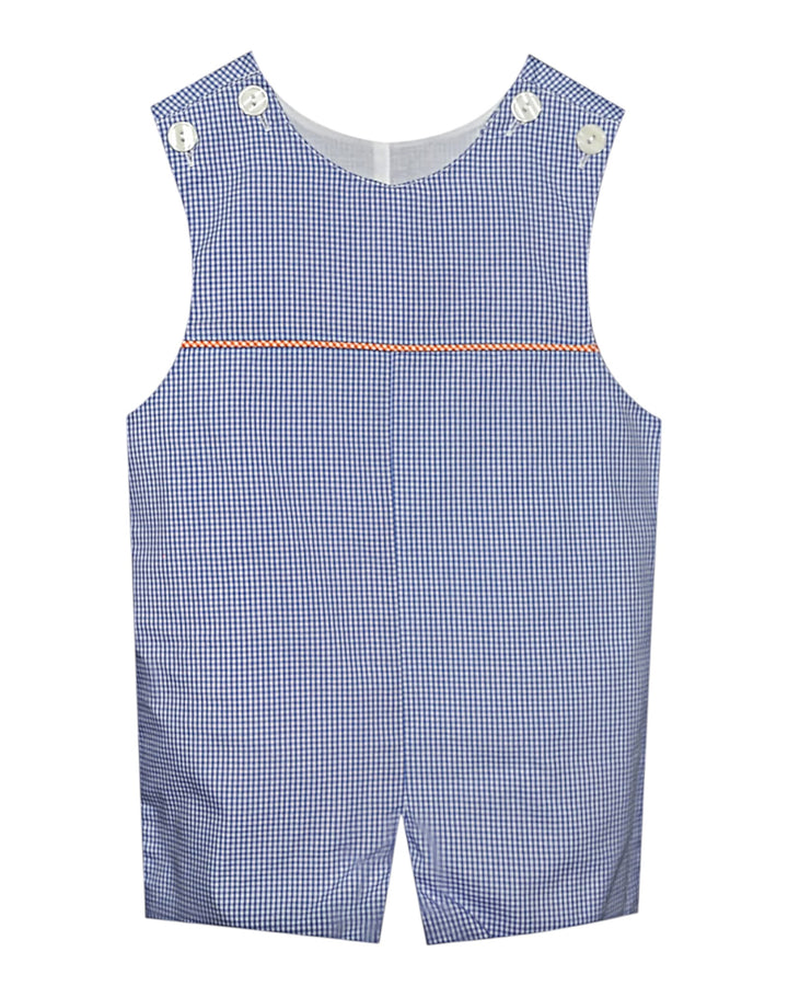Blue checkered romper with white buttons on a white background