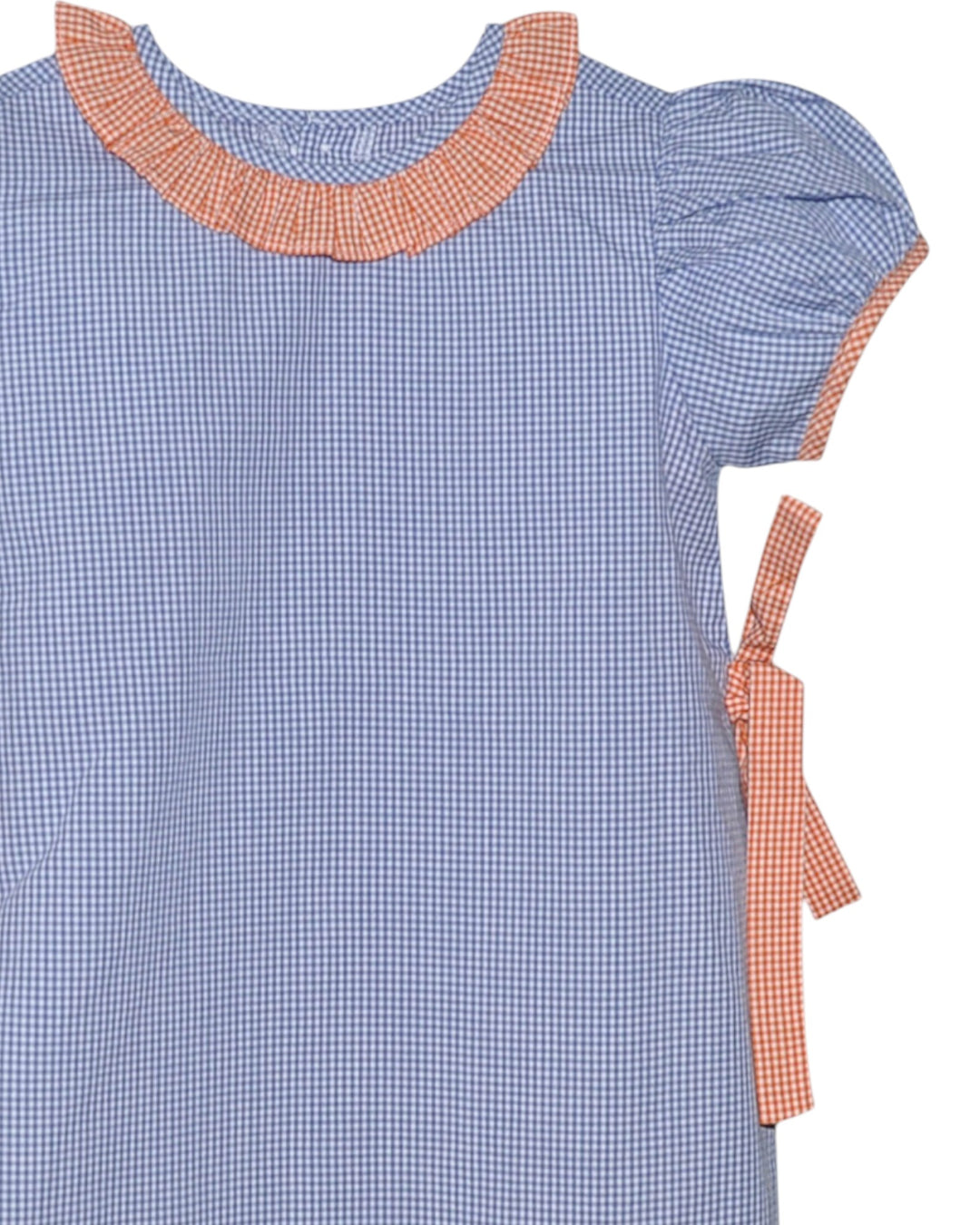 Blue checkered dress with pink trim on a white background