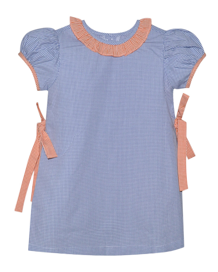 Blue checkered dress with orange trim on a white background