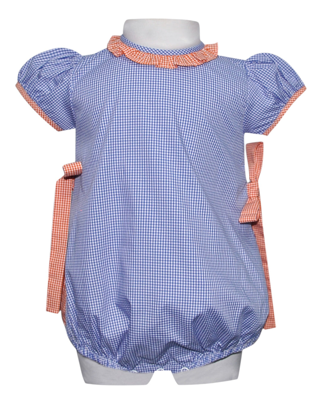 Blue checkered baby romper with orange trim on a mannequin against a white background