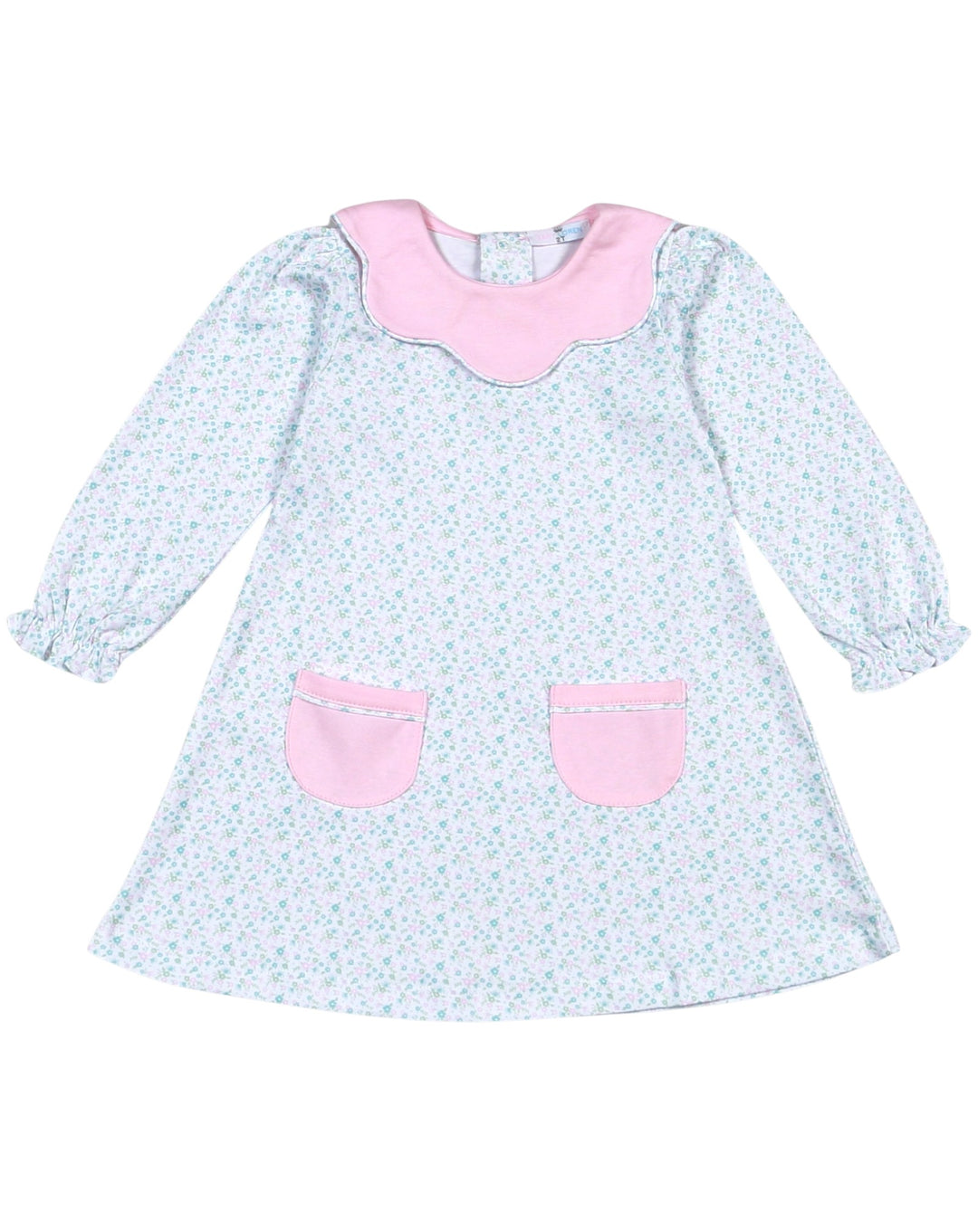Children's dress with pink collar and pockets on a white background