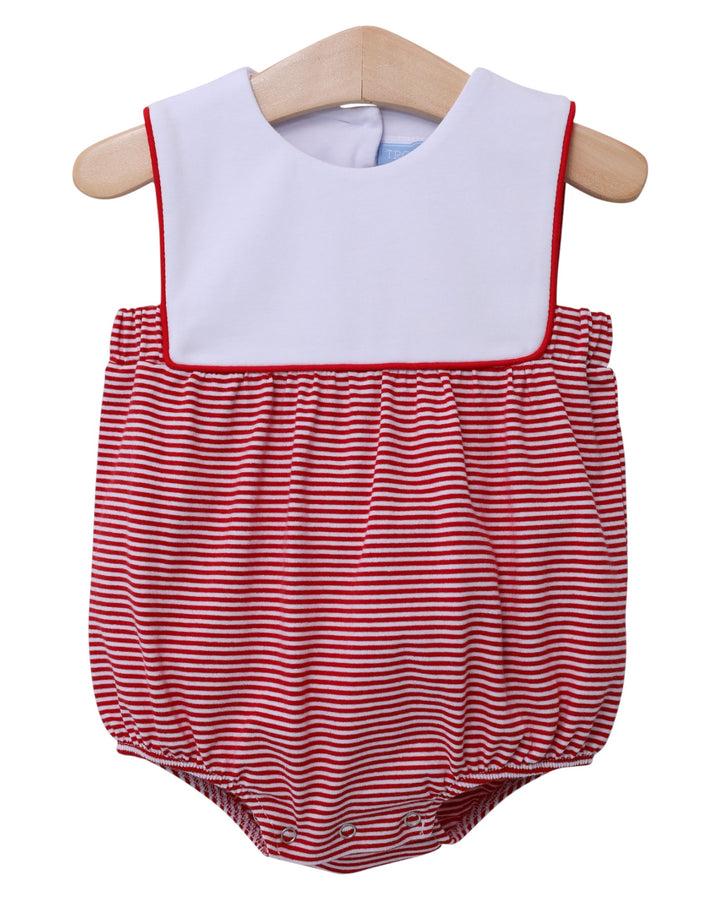 Red and white striped baby romper on a wooden hanger against a white background