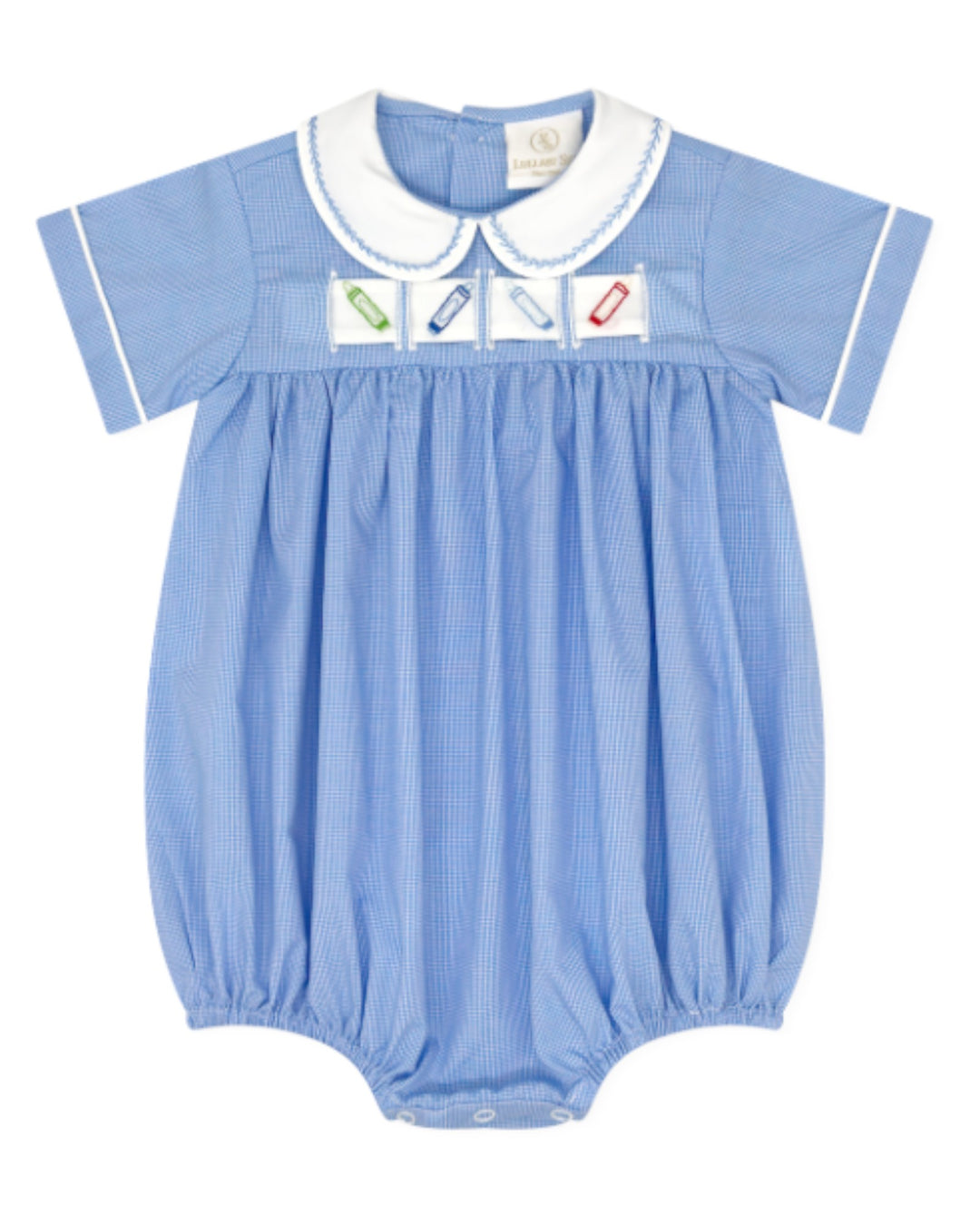 A baby short-sleeve bubble romper in light blue and white pinstripe fabric, featuring a white Peter Pan collar with blue trim and a decorative band of four small colorful enamel pin slots across the chest that store