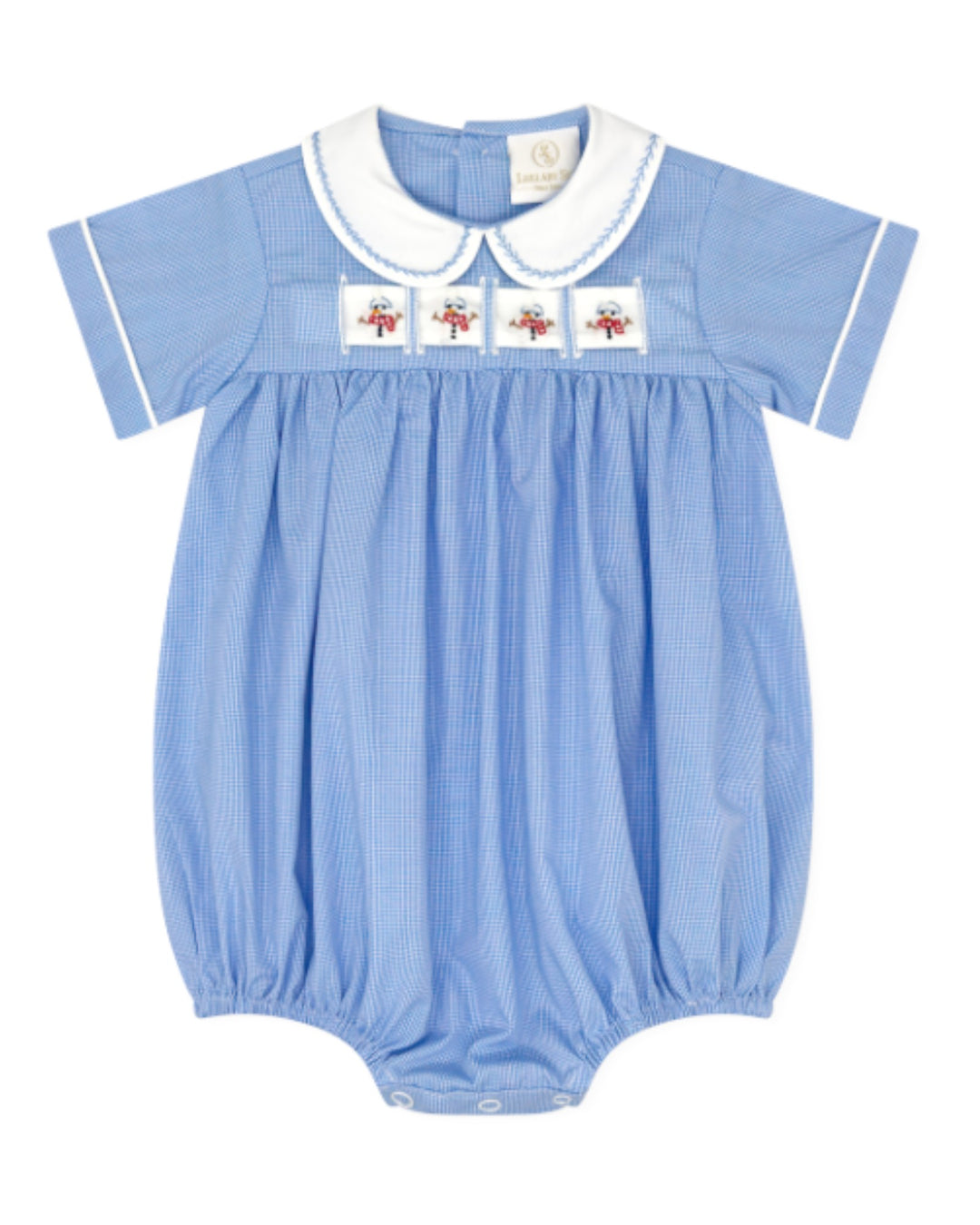 A baby short-sleeve bubble romper in light blue and white micro-check pattern, featuring a white Peter Pan collar, white piping on the sleeves, and three embroidered floral patches on the chest, that store