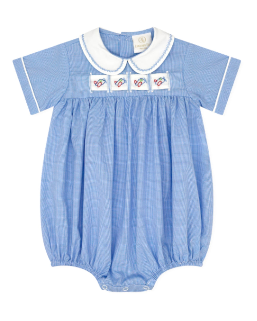 A light blue and white vertically striped baby romper with a white Peter Pan collar, white piping on the sleeves, and three embroidered square patches on the chest, that store