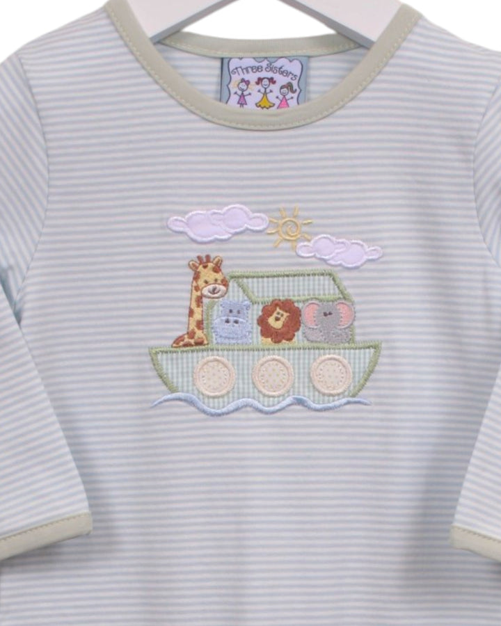 A baby long-sleeve shirt with light blue and white horizontal stripes, featuring an embroidered Noah&