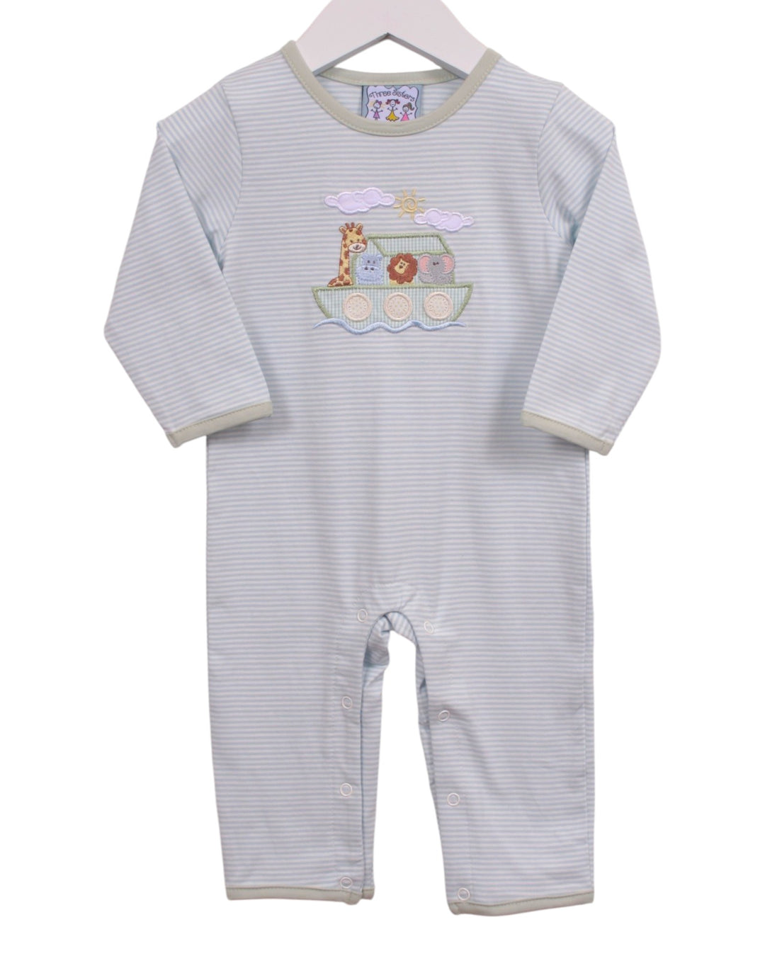 A baby long-sleeve footless romper with fine light blue and white stripes, featuring an embroidered Noah&