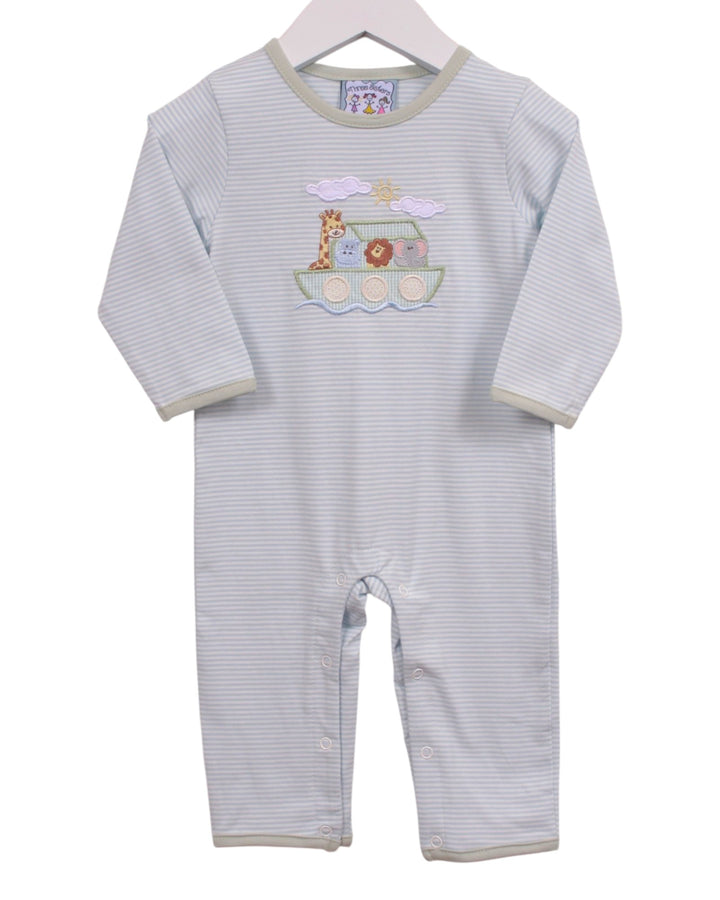 A baby long-sleeve footless romper with fine light blue and white stripes, featuring an embroidered Noah&