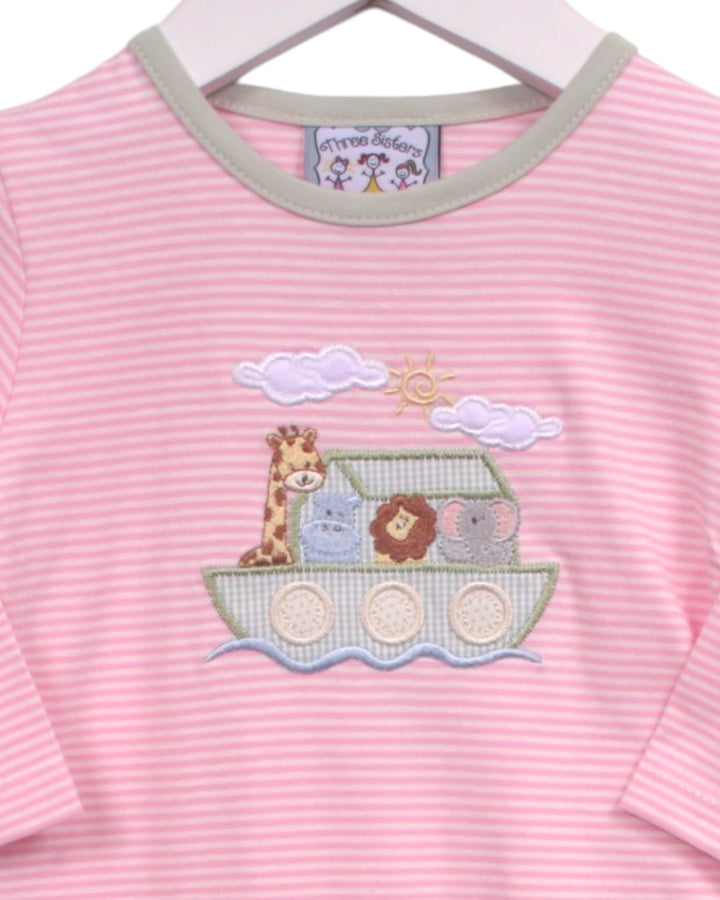 Pink and white striped long-sleeve baby t-shirt with a green collar, featuring an embroidered Noah&
