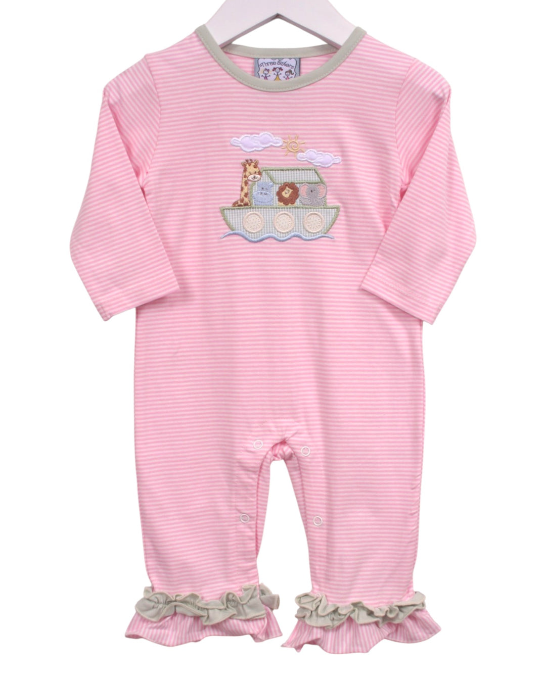 A pink and white striped baby jumpsuit with a Noah&
