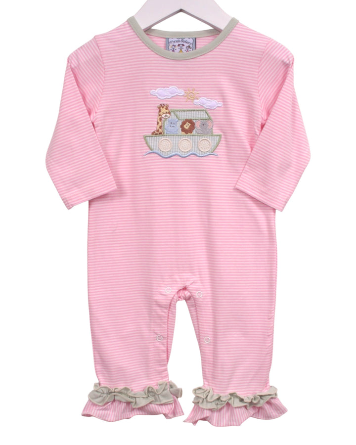 A pink and white striped baby jumpsuit with a Noah&