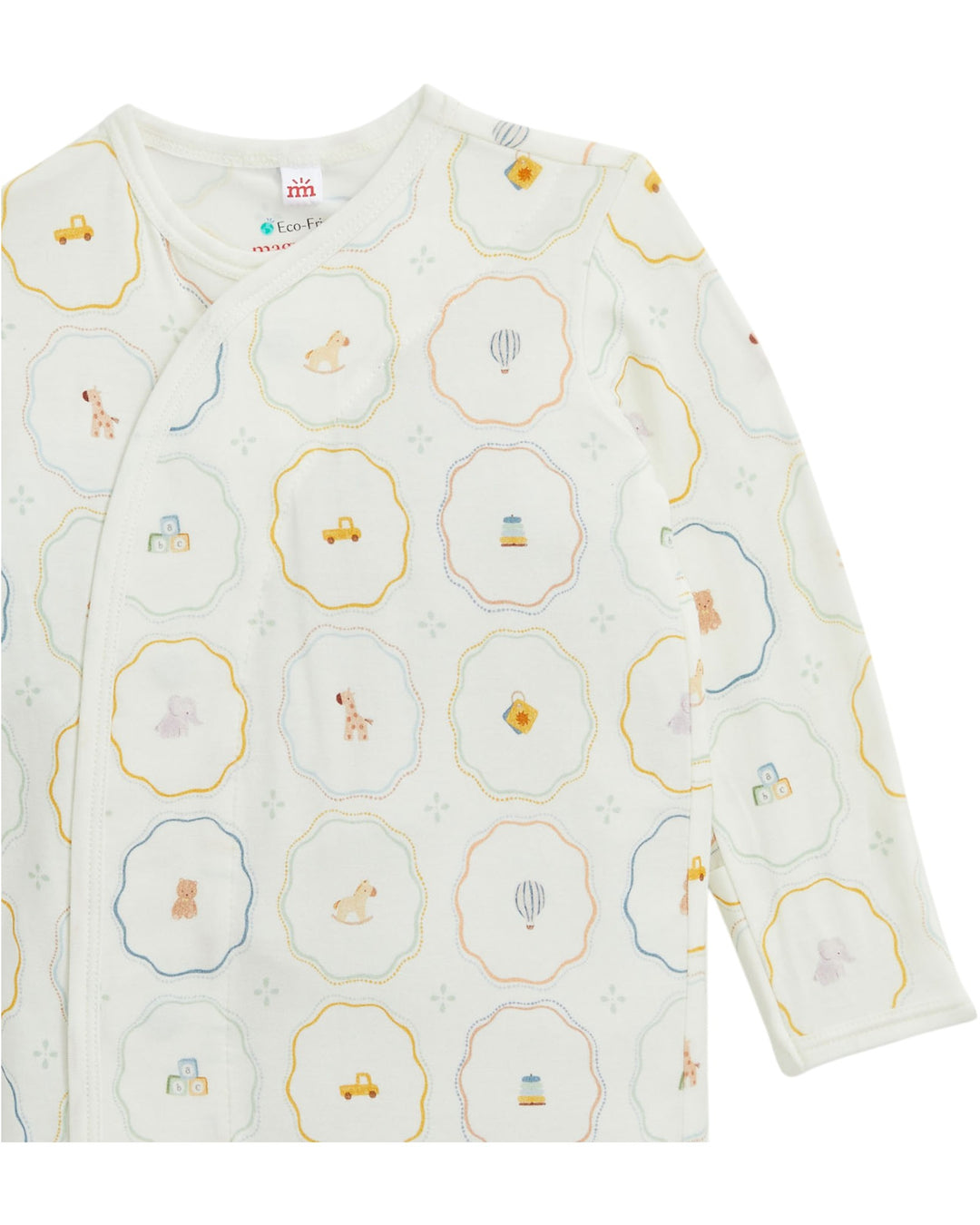A baby long-sleeve sleep sack or pajama top in off-white, featuring an all-over pattern of scalloped oval motifs outlined in pastel yellow, blue, and orange, with small whimsical illustrations inside, that store