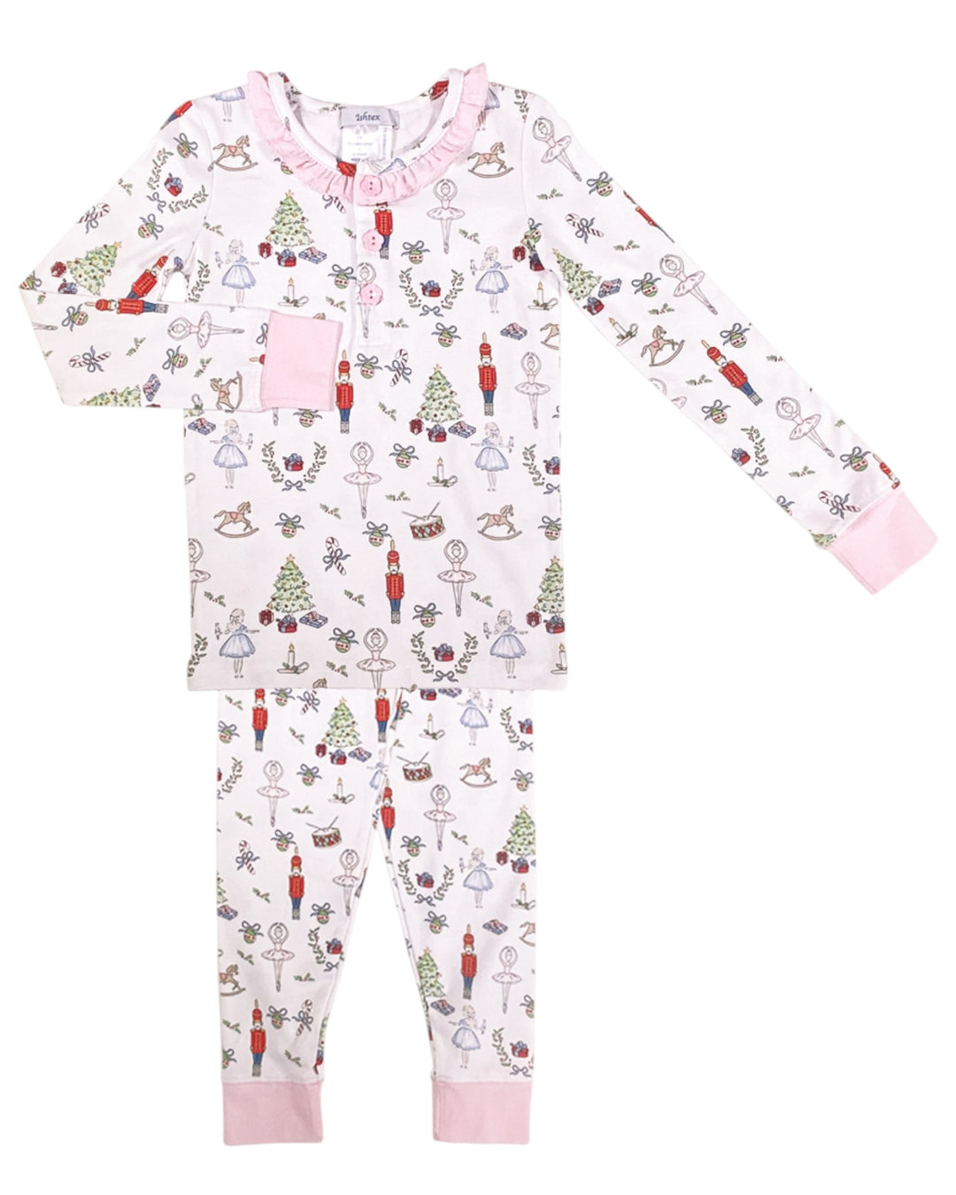 Children's pajama set with festive pattern on a white background