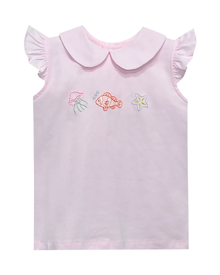 Pink sleeveless top with embroidered designs on a white background, that store