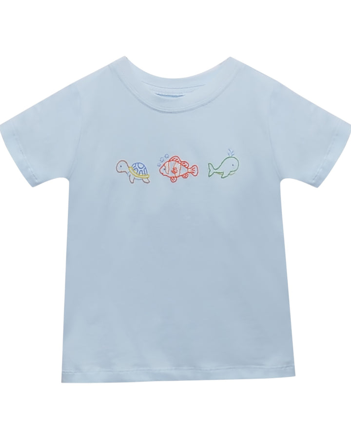 Light blue t-shirt with embroidered sea creature designs on a white background, that store