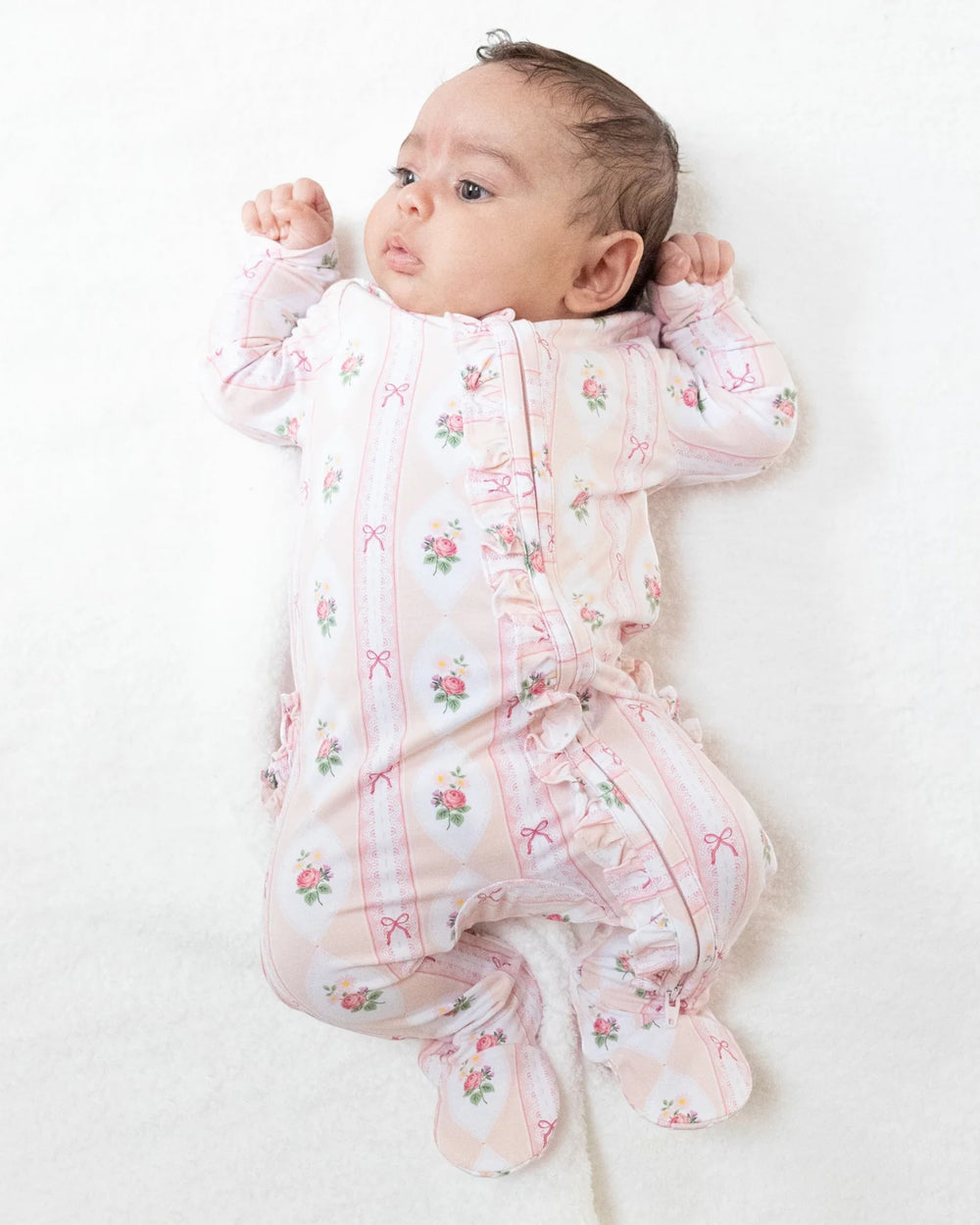 Ogee Lace Pink Floral  2 Way Ruffle Zipper Footie, That Store, baby
