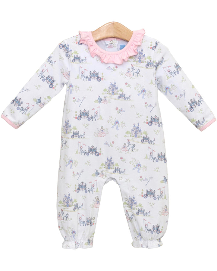 Baby onesie with floral pattern and pink collar on a white background