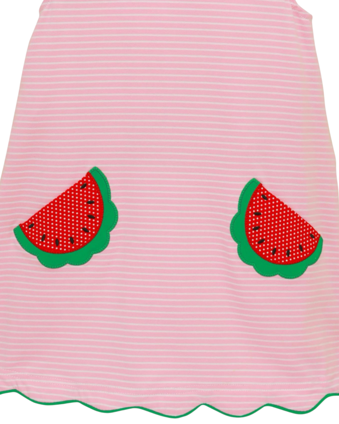 Pink striped skirt with watermelon appliqués on a white background