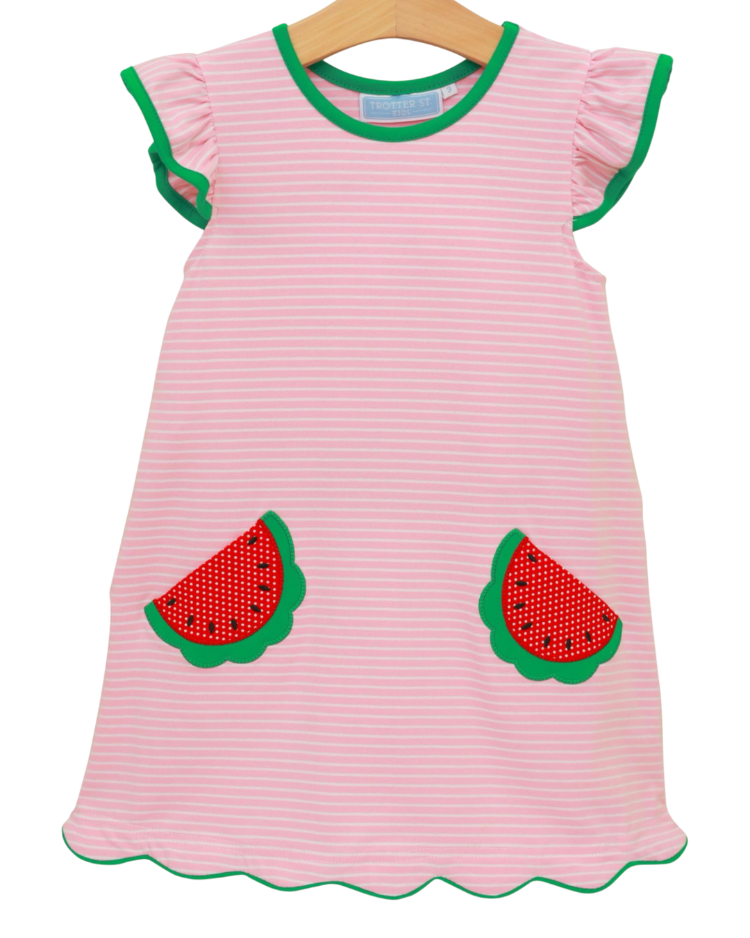 Pink striped dress with watermelon designs on a white background