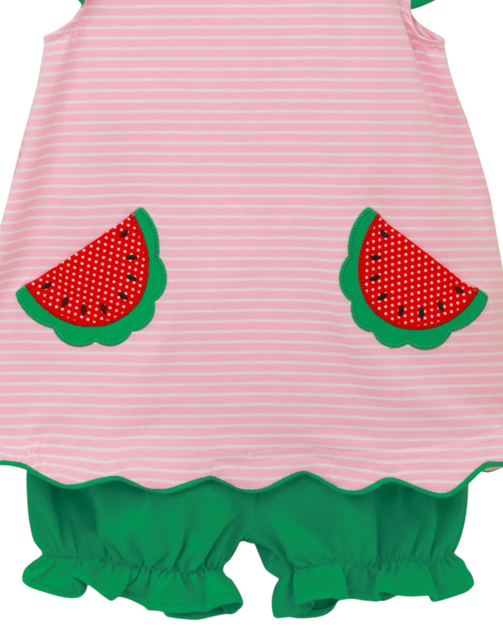 Pink and green dress with watermelon designs on a white background