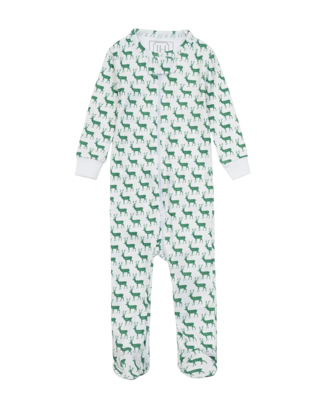 Green and white onesie with deer pattern on a white background