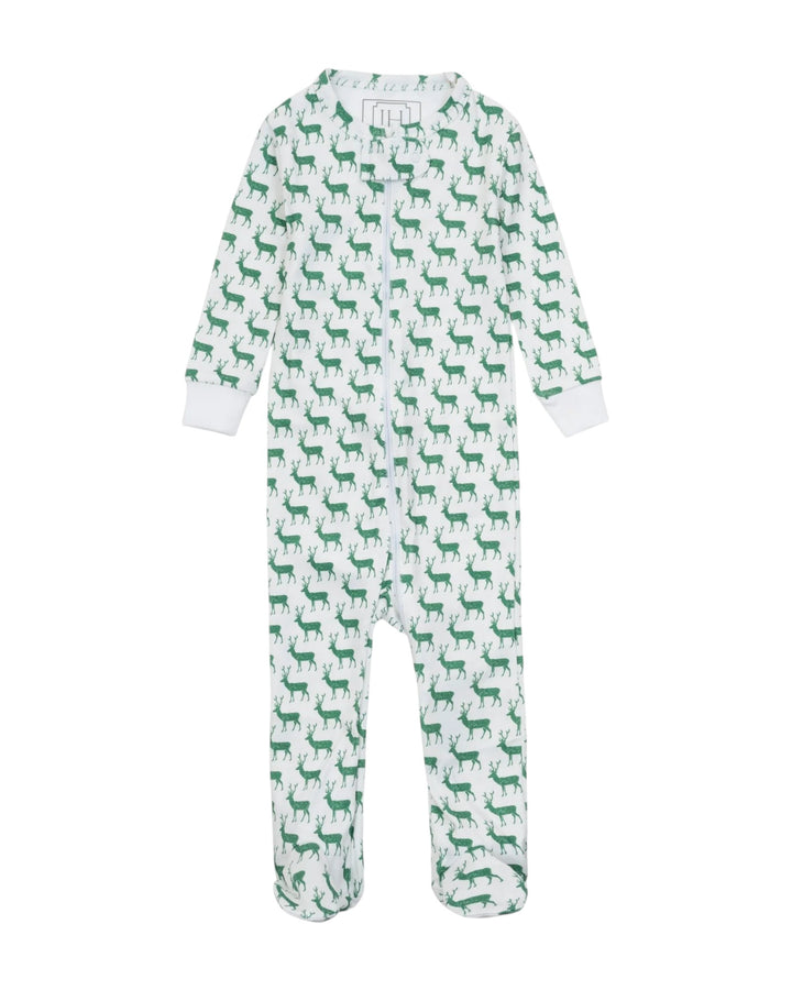 Green and white onesie with deer pattern on a white background