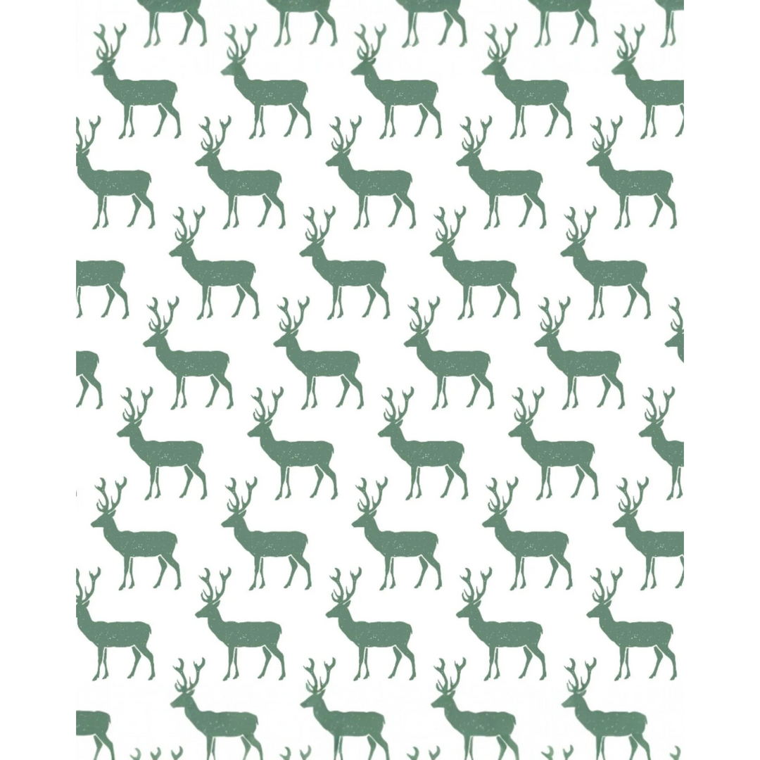 Pattern of green deer silhouettes on a white background