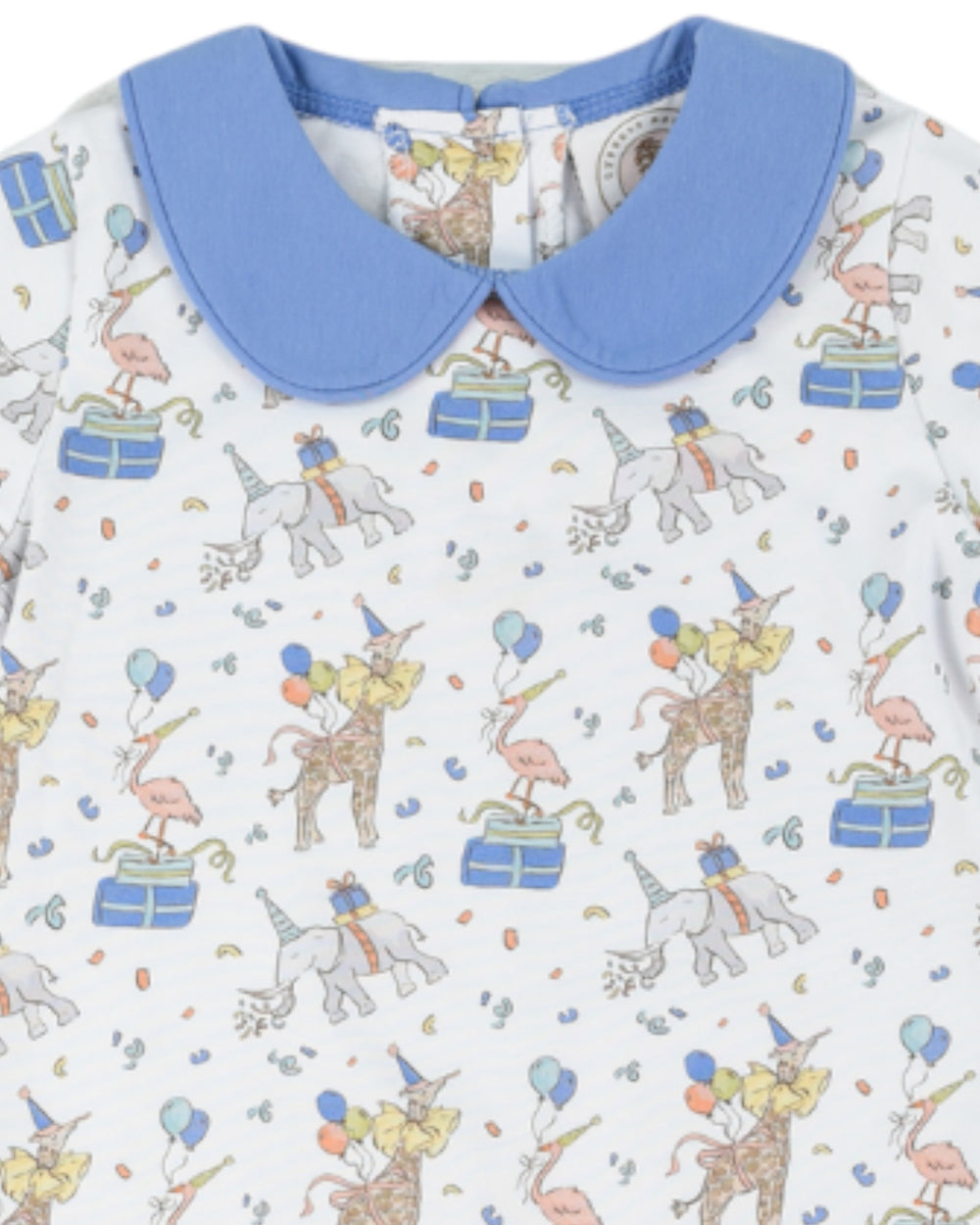 Baby outfit with colorful animal print and blue collar on a white background