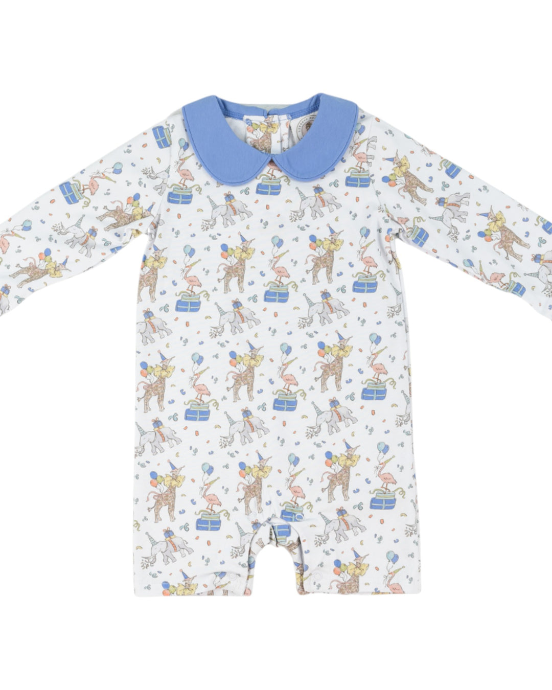 Baby romper with animal print and blue collar on a white background