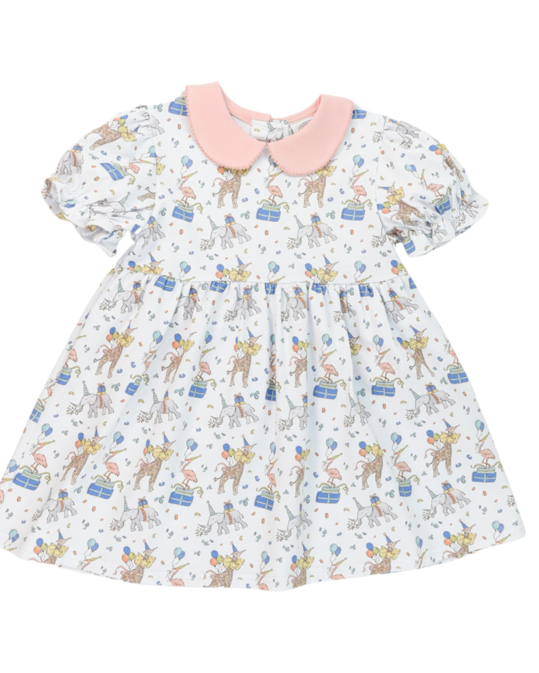 Children's dress with animal print and pink collar on a white background