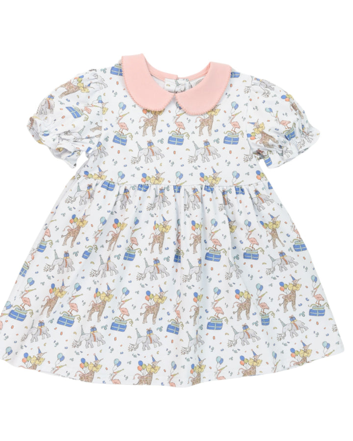 Children's dress with animal print and pink collar on a white background