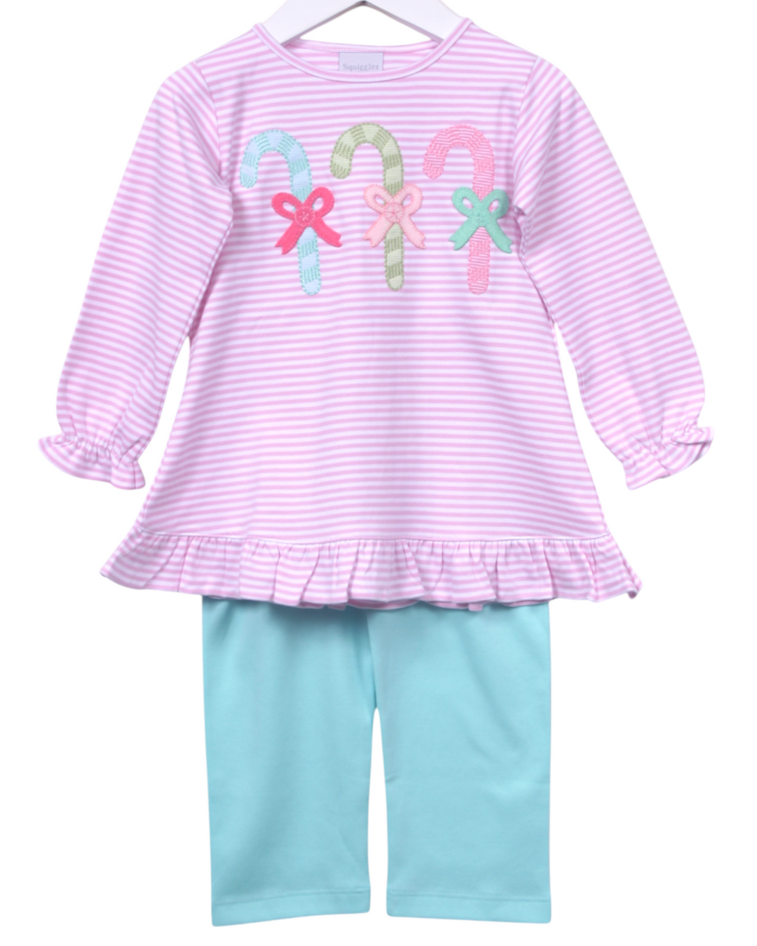 Pastel Candy Canes Applique Girl's Pink Stripe Pant Set, Shop That Store, candy cane
