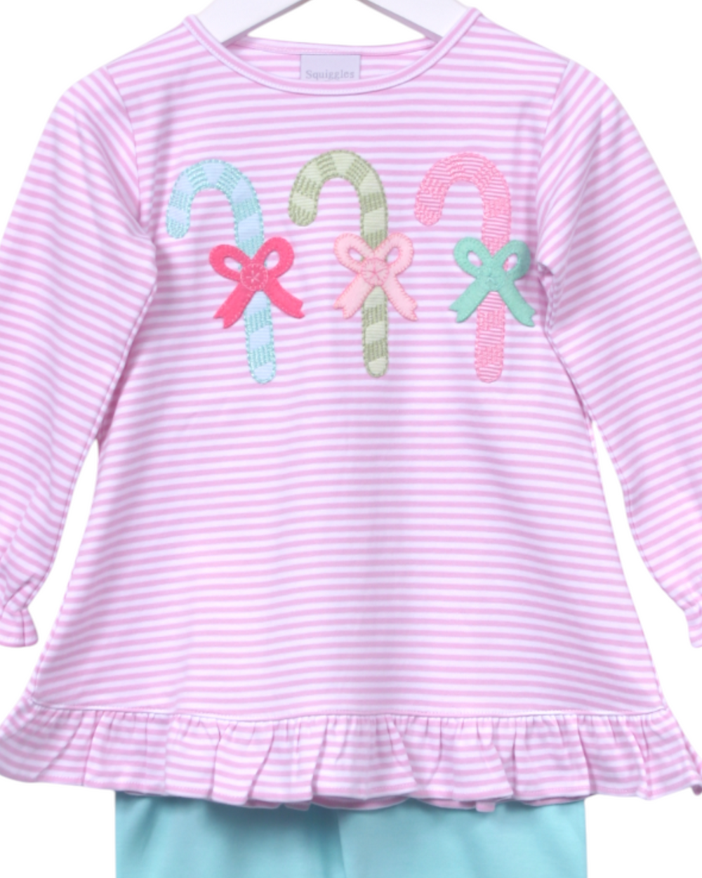 Pastel Candy Canes Applique Girl's Pink Stripe Pant Set, That Store, top