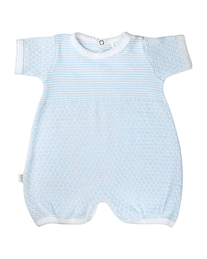 Light blue baby romper with white stripes on a white background