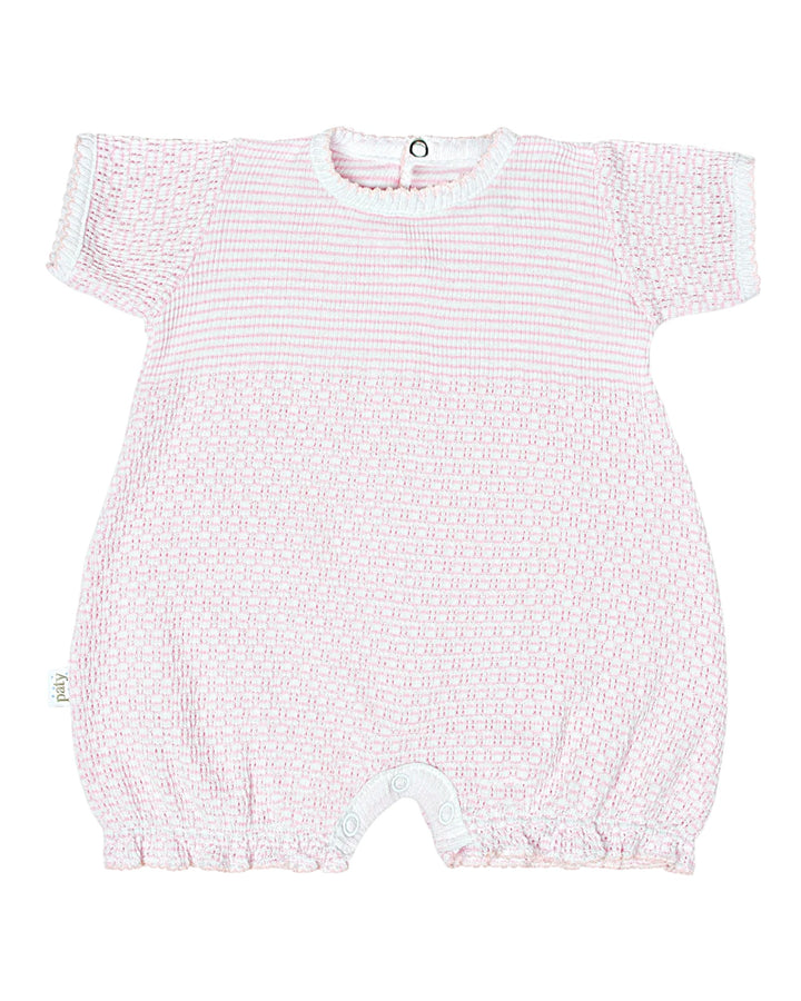 Pink baby romper with white stripes on a white background
