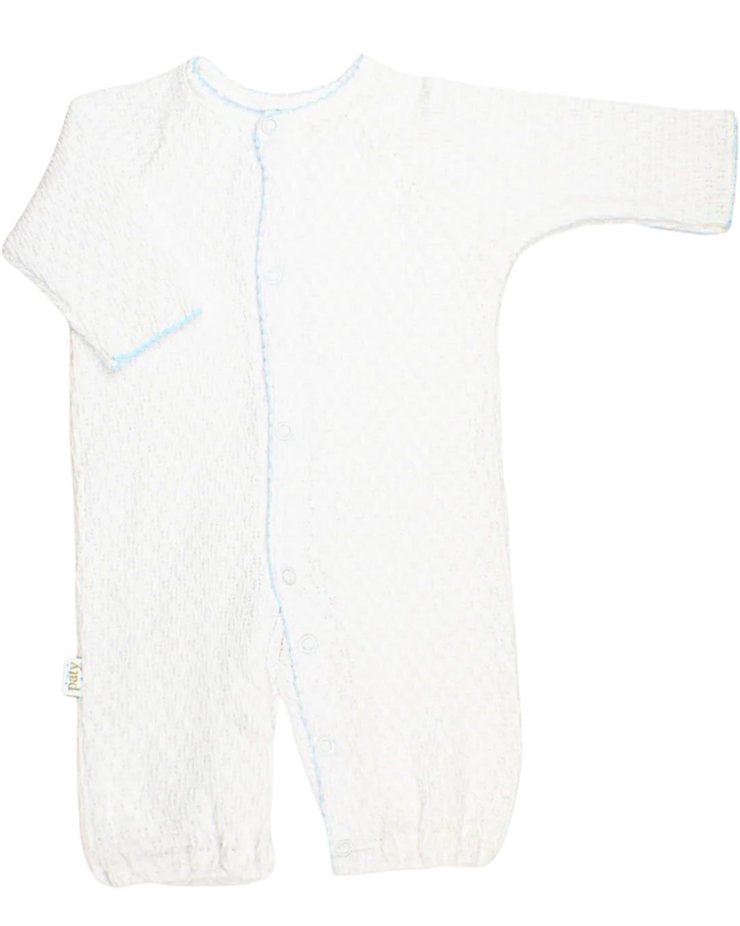 White baby onesie with a zipper on a white background