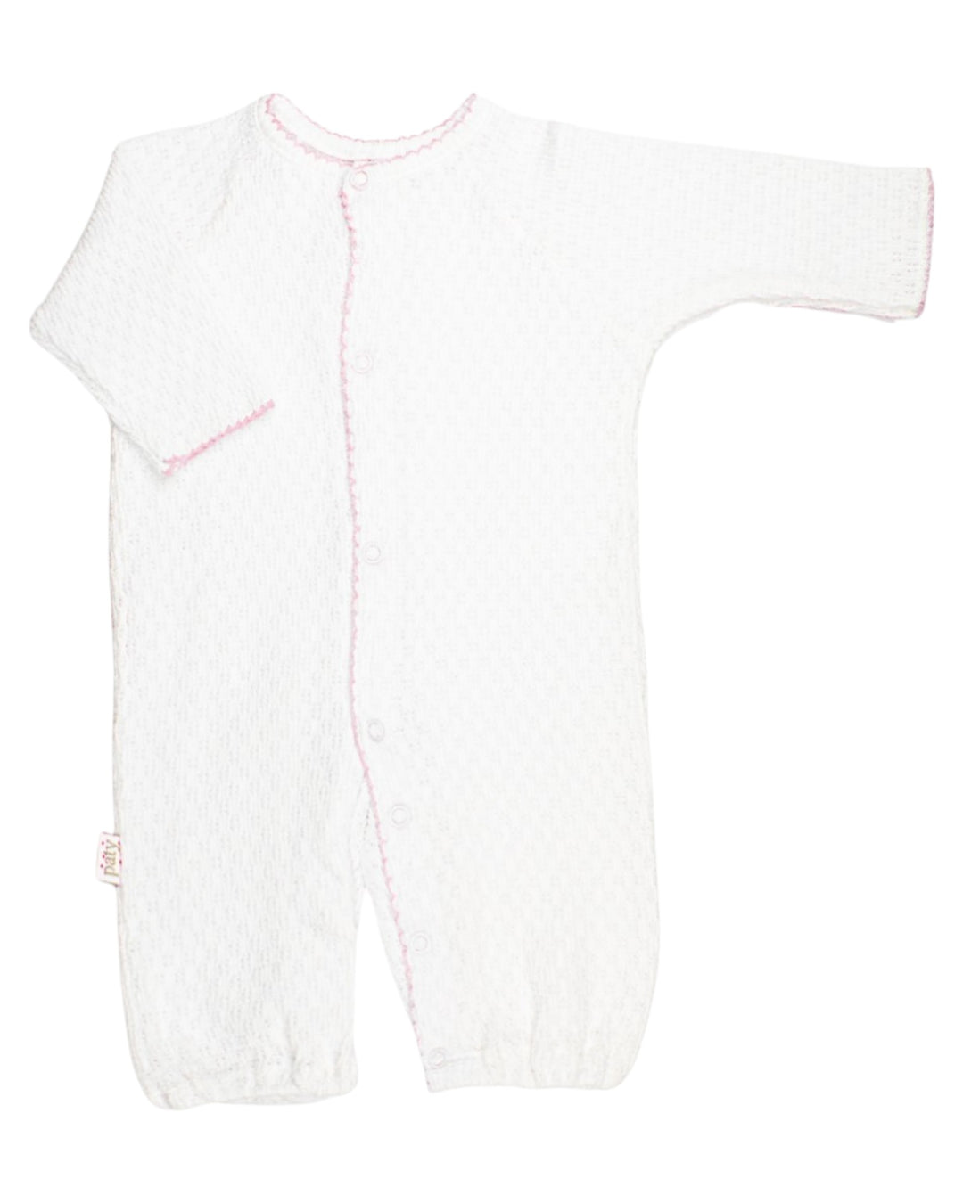 White baby onesie with pink accents on a white background